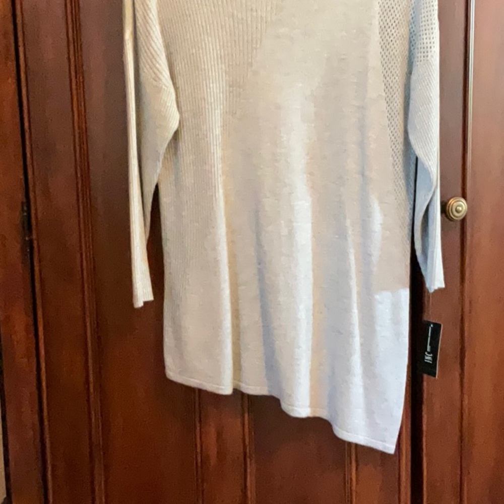 INC fancy sweater, angled bottom, netted sleeve, light gray, PL, NWT - Picture 6 of 12